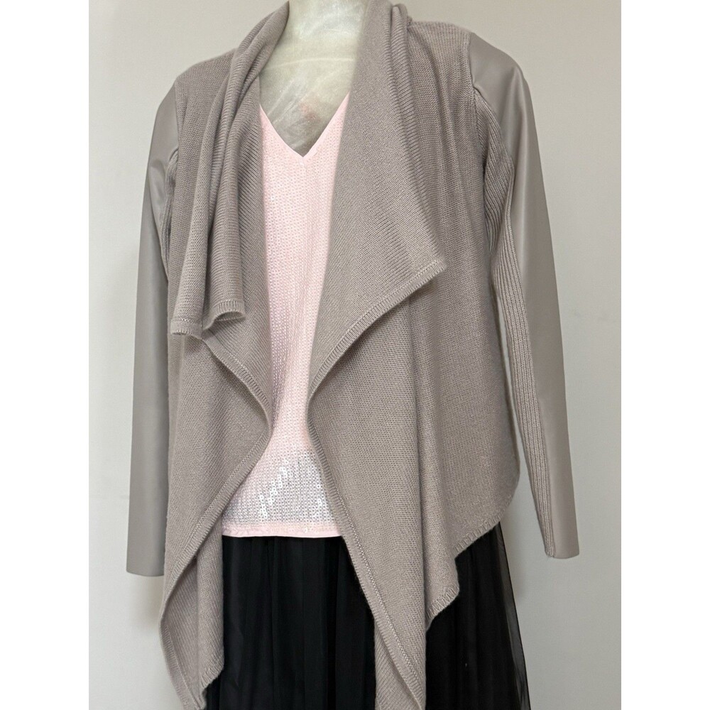 VERA WANG Simply Vera Open Cardigan Small Beige Taupe Faux Leather Sleeve Patch